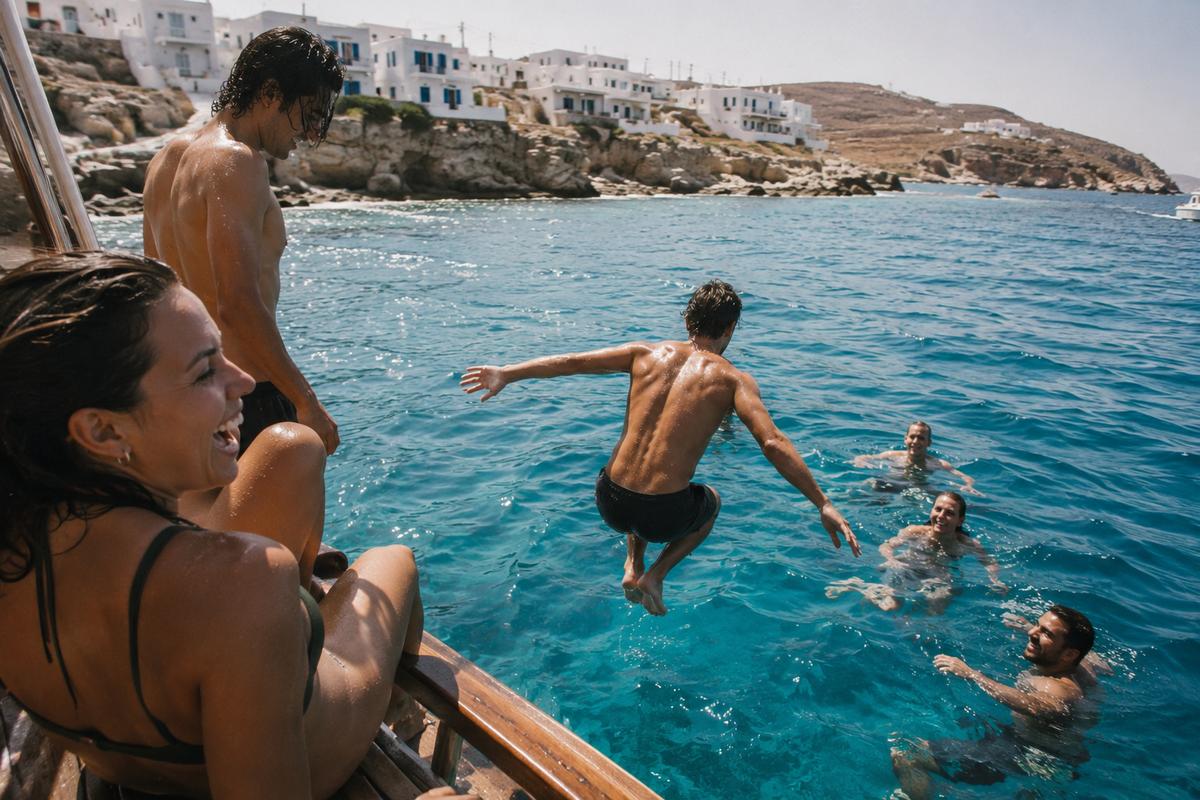 Jumping from a boat into the sea, Mykonos
